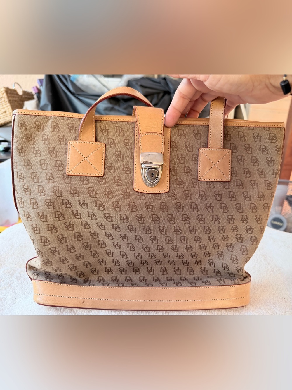 Dooney & Burke Vintage Signature DB monogram Canvas tote with leather trim